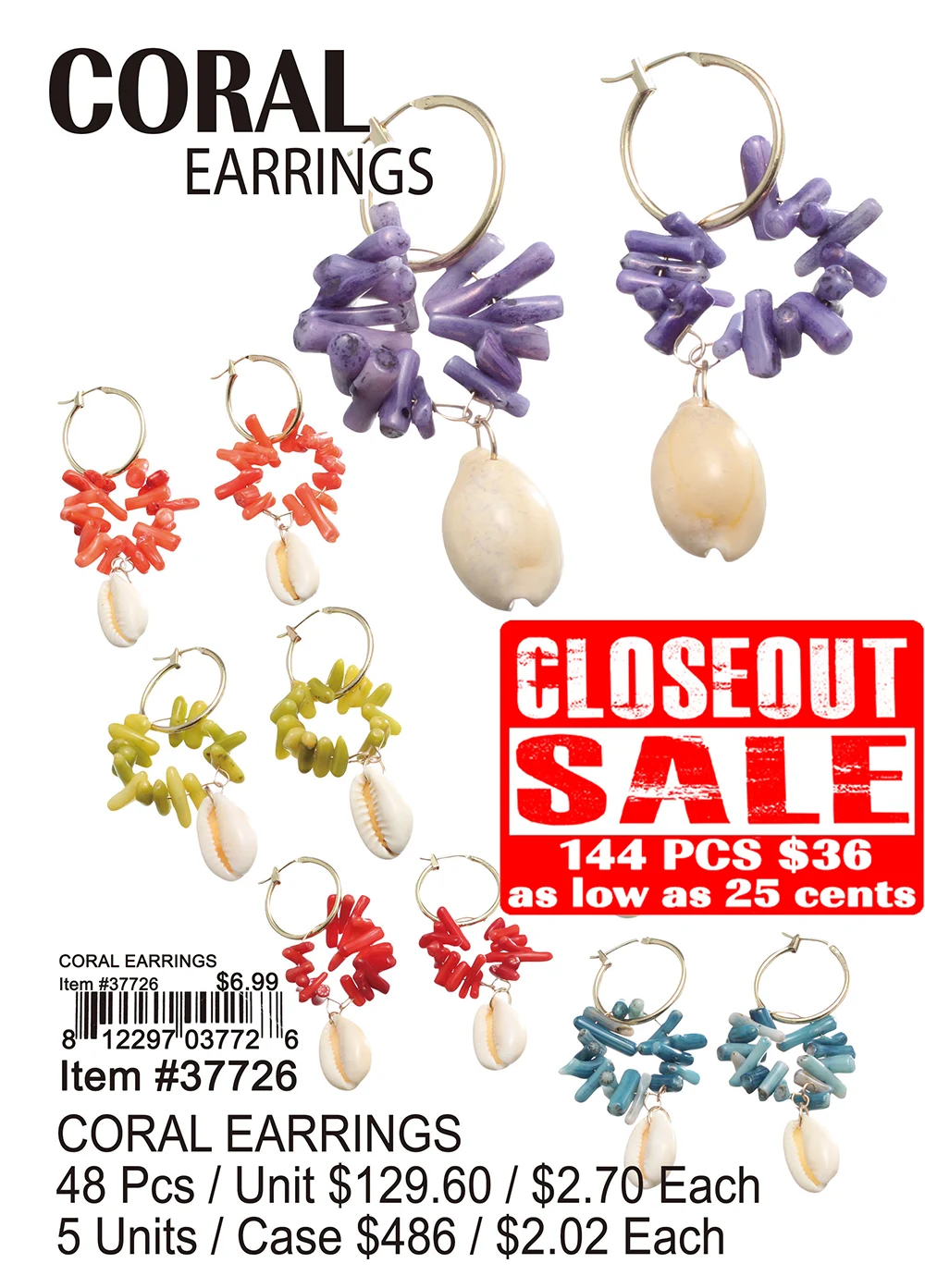 Coral Earrings - Closeout 144 Pcs.